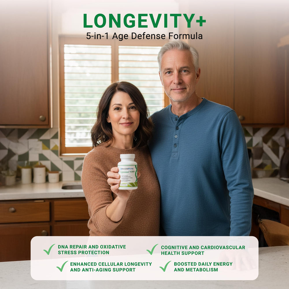 Close-up of GenuinePurity Longevity+ label highlighting NMN and plant-based ingredients.