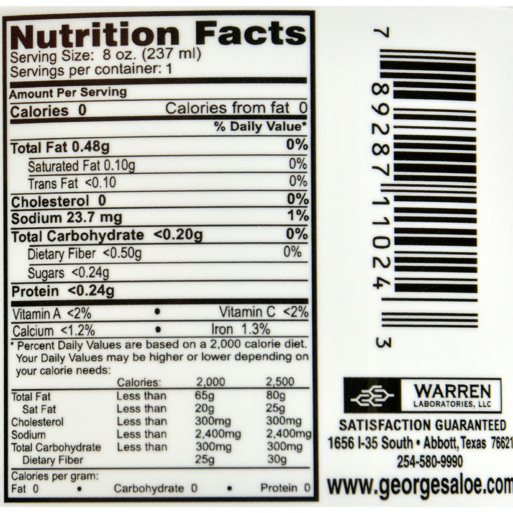 Georges Aloe Vera close-up label showing preservative-free formula