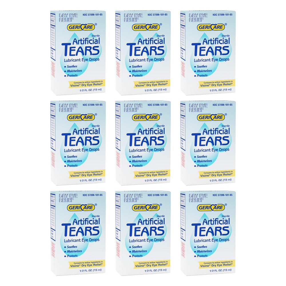 GeriCare artificial tears bottle front view showing long-lasting eye hydration.