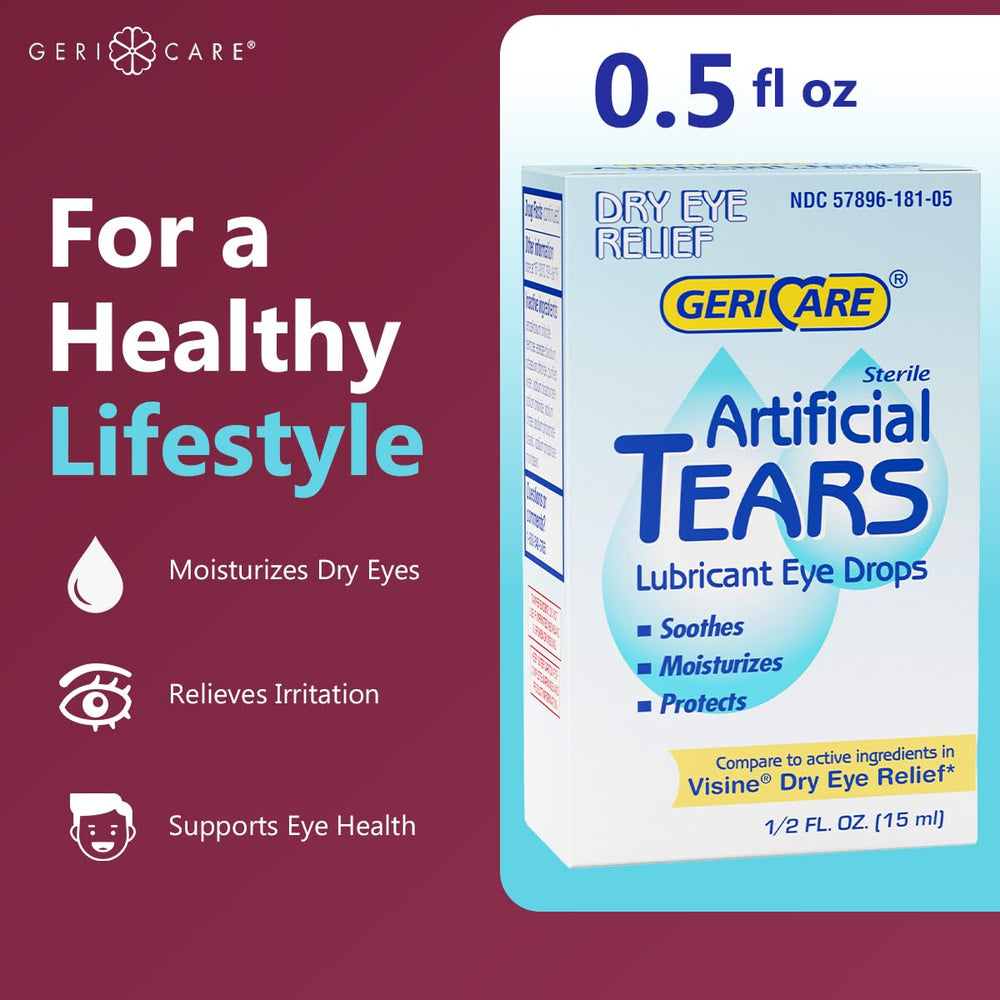 GeriCare artificial tears closeup highlights soothing hydration for tired eyes.