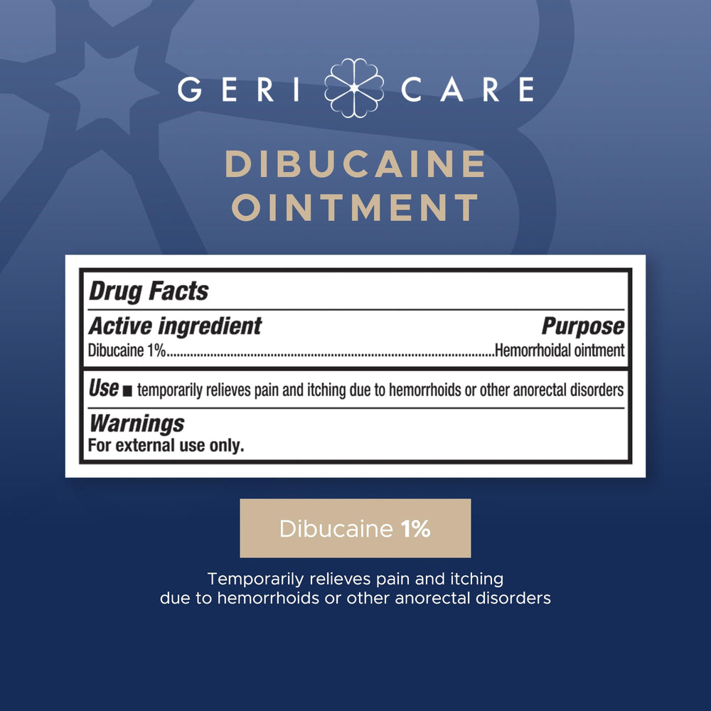 Five-pack of GeriCare dibucaine hemorrhoid ointment tubes.