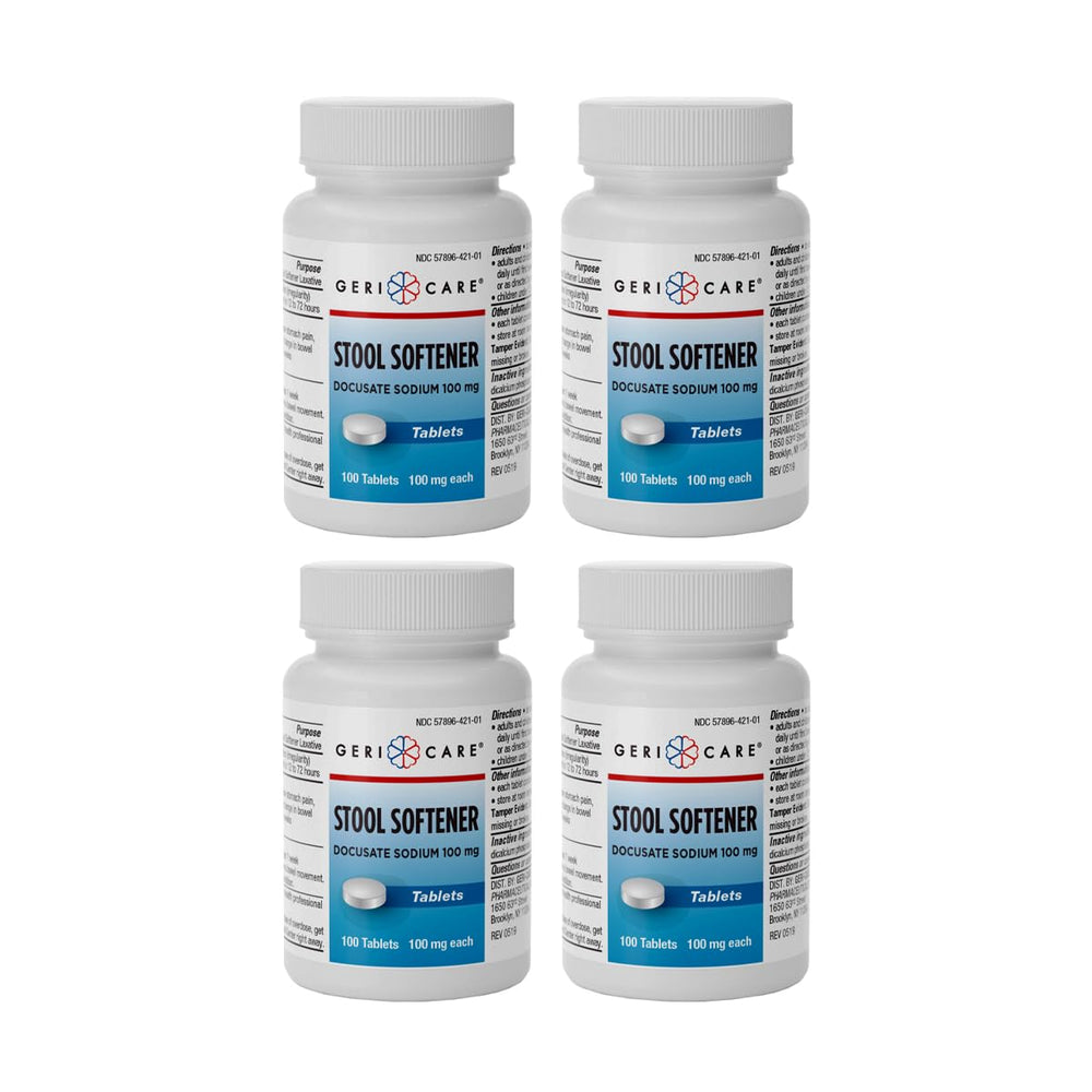 GeriCare Docusate Sodium 100mg tablets packaging for gentle daily relief.