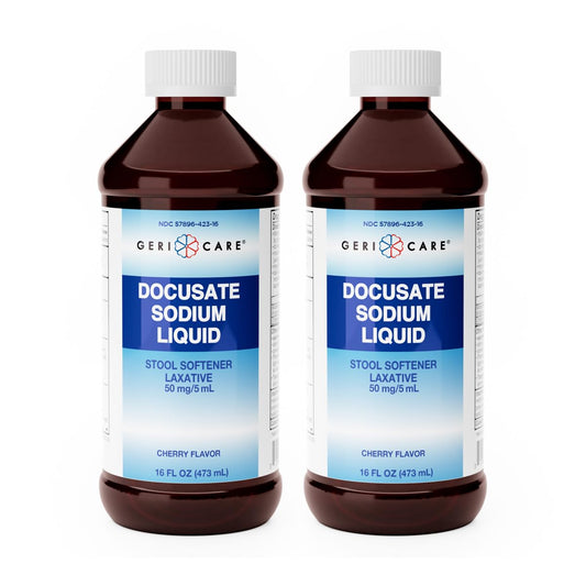 GeriCare Docusate Sodium liquid bottle for daily gentle relief.