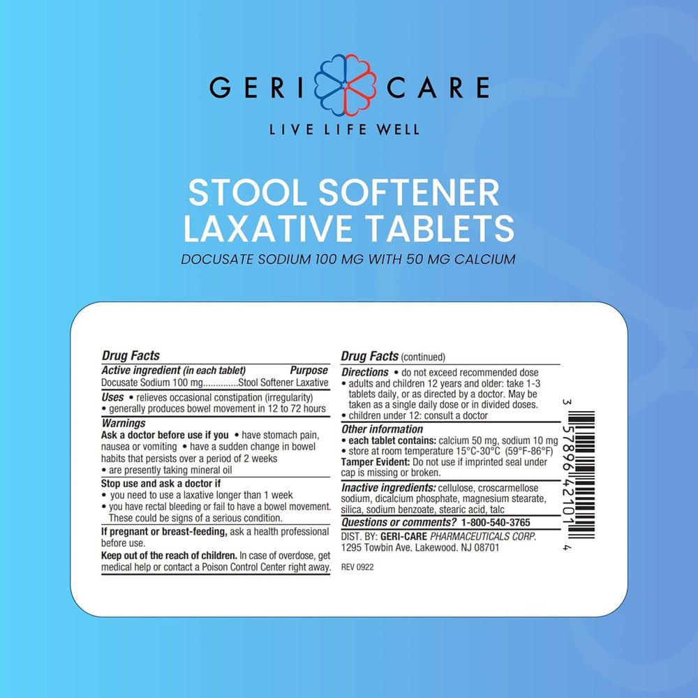 GeriCare Docusate Sodium bottle label highlighting safe, gentle relief.