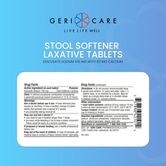 GeriCare Docusate Sodium bottle label highlighting safe, gentle relief.