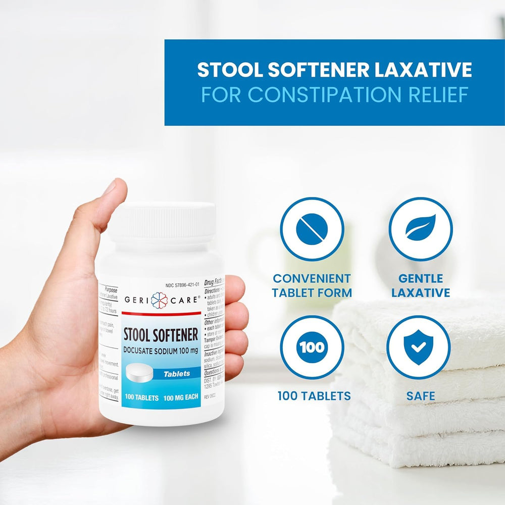 GeriCare Docusate bottle in hand for easy dispensing.