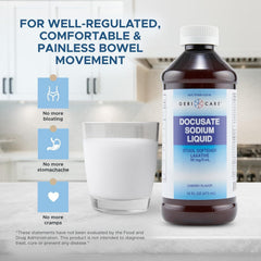 Liquid stool softener being poured into a glass for easy dosing.