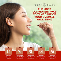 GeriCare One-Daily box packaging beside a glass of water for easy daily intake.