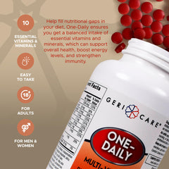 GeriCare One-Daily tablets close-up, easy-to-swallow size.