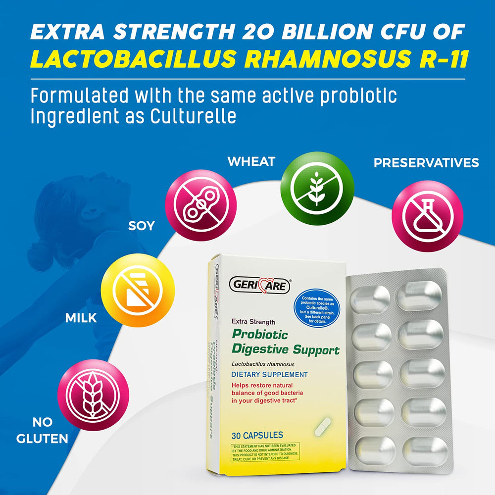 GeriCare probiotic bottle front view highlighting daily gut balance.