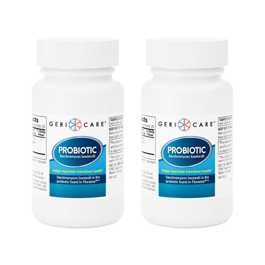 GeriCare S. boulardii bottle closeup highlighting probiotic capsules for gut balance.