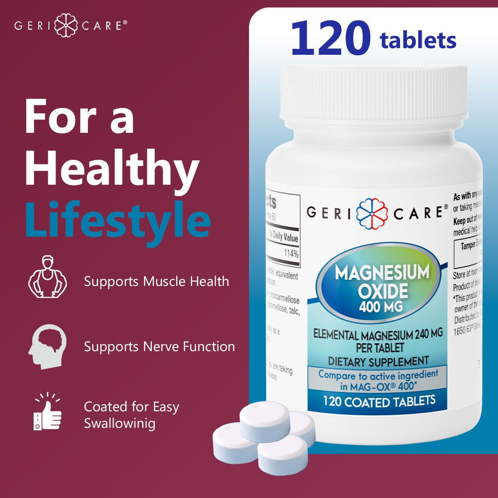 GeriCare magnesium oxide tablet close-up highlighting the coated finish.