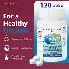 GeriCare magnesium oxide tablet close-up highlighting the coated finish.