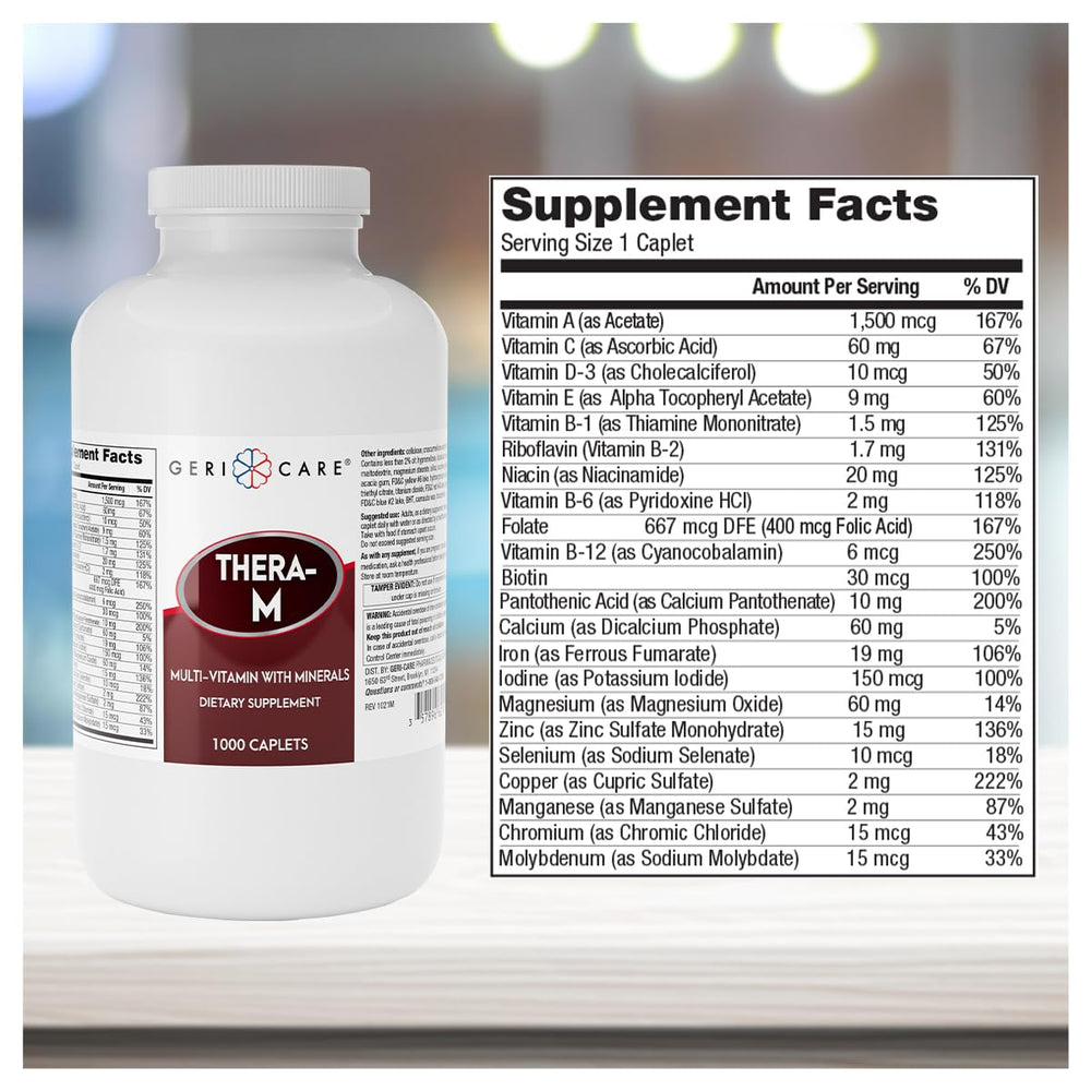 GeriCare Thera M caplets close-up, smooth tablets designed for easy daily use.