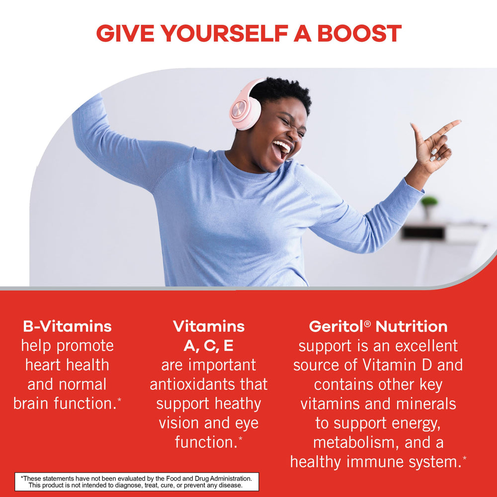 Geritol label close-up highlights gluten-free non-GMO formulation for reliable nutrition