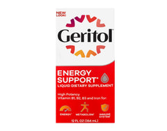 Geritol bottle label close-up showing B-vitamins and iron for daily vitality.