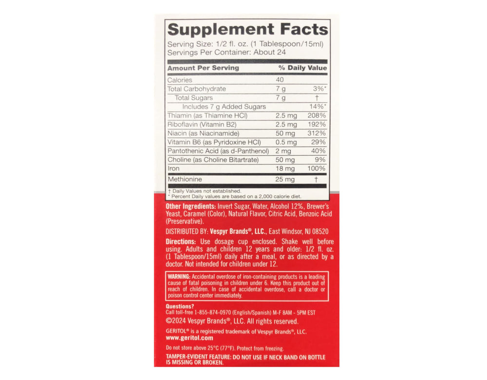 Ingredients panel on Geritol bottle highlights essential vitamins and iron.