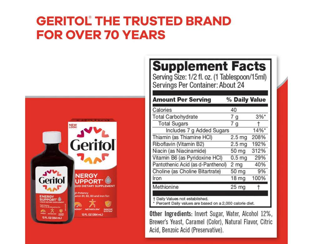 Pleasant-tasting Geritol liquid with a simple, enjoyable daily experience.