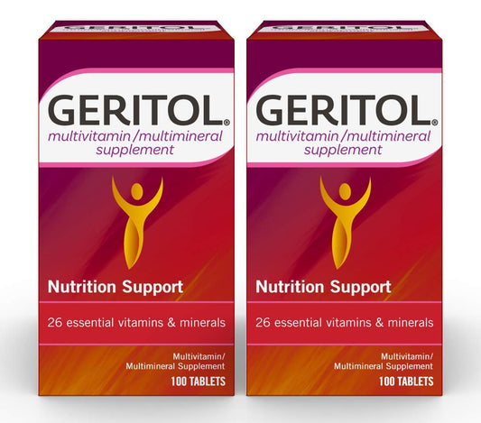 Geritol multivitamin bottle front view highlighting 26 essential nutrients for daily wellness