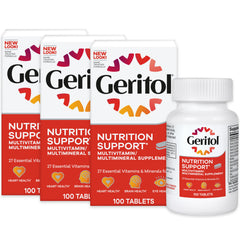 Geritol multivitamin bottle front view supports daily energy and immune health