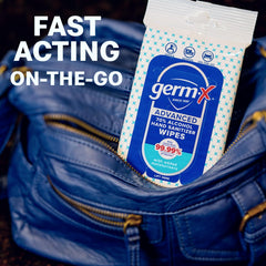 Germ-X Advanced Wipes with fast-drying action for quick cleansing.