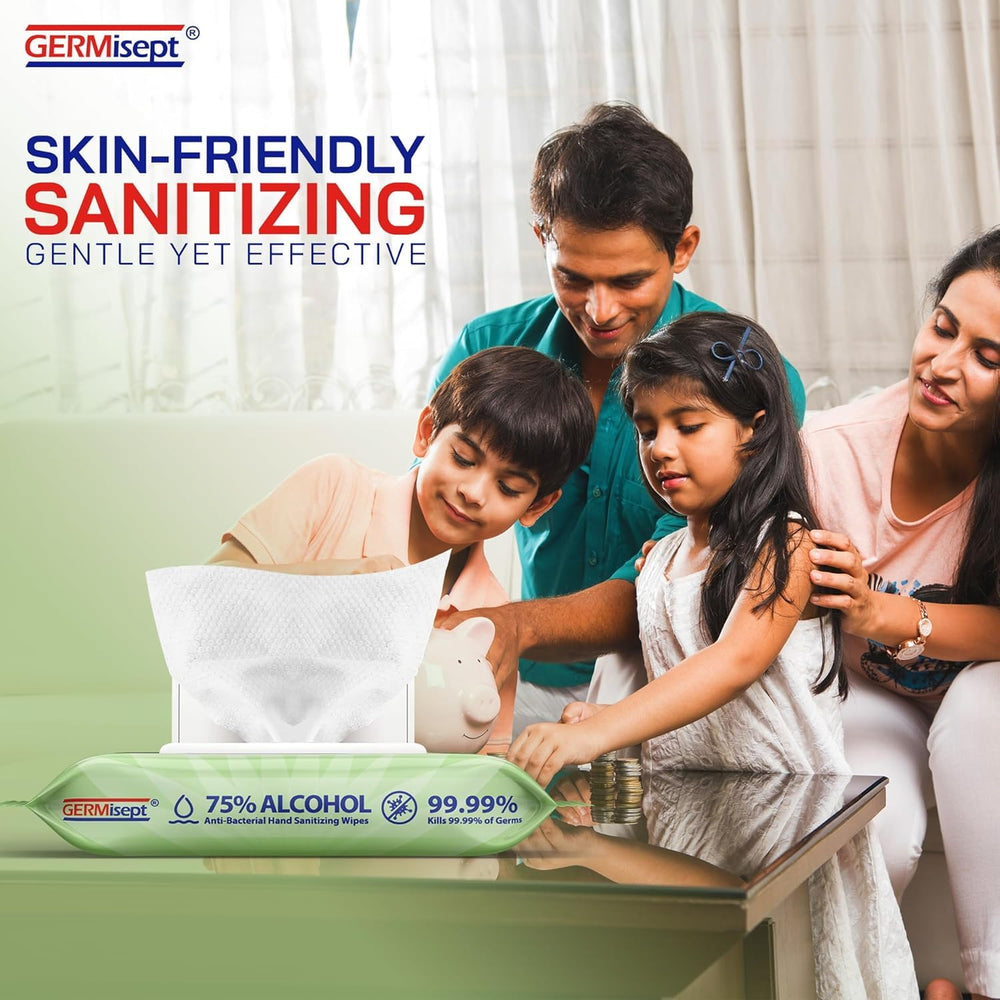Germisept wipes with dye-free formula for sensitive-skin daily use.
