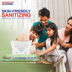 Germisept wipes with dye-free formula for sensitive-skin daily use.