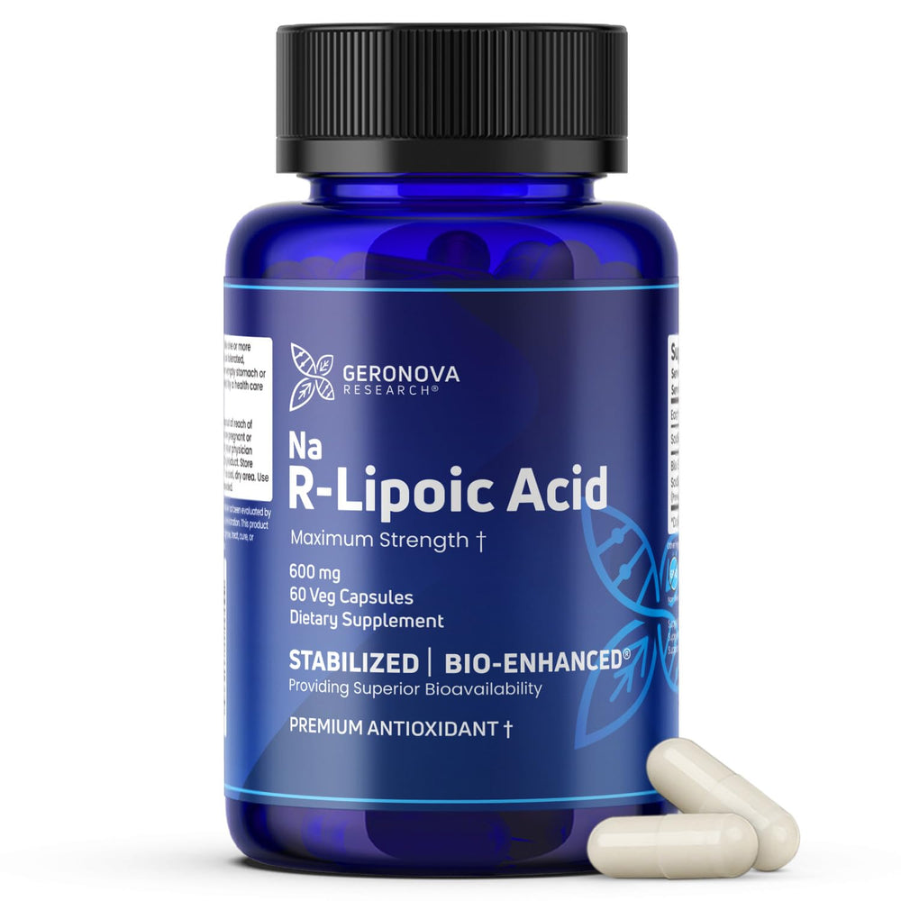 Geronova Bio-Enhanced R-Lipoic Acid bottle showcases 60 capsules for daily antioxidant support.