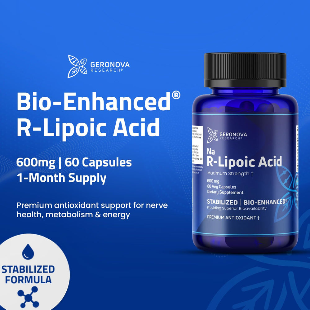 Geronova Bio-Enhanced R-Lipoic Acid label detail emphasizes quality and formulation.