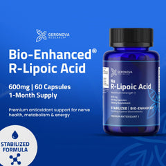 Geronova Bio-Enhanced R-Lipoic Acid label detail emphasizes quality and formulation.