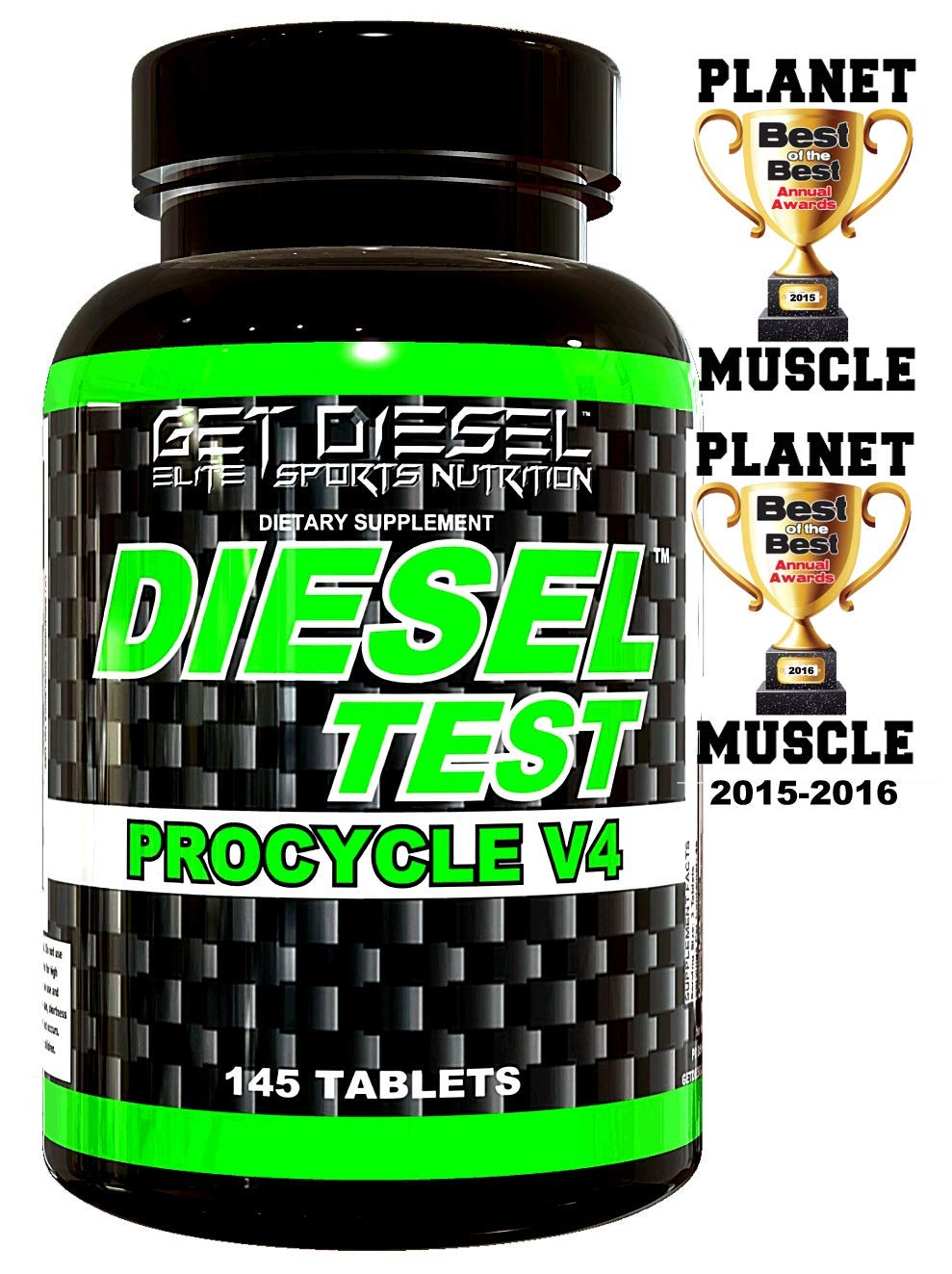 Diesel Procycle side view bottle with branding emphasizing sturdy gym and recovery cues