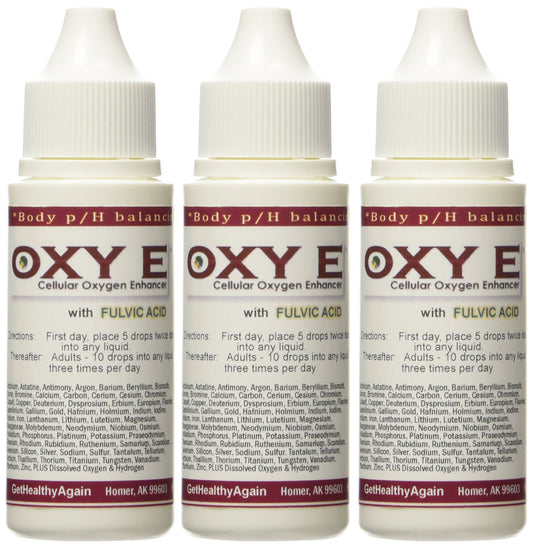 Get Healthy Again Oxy E 3 Pack bottle pour; easy drops for daily energy.