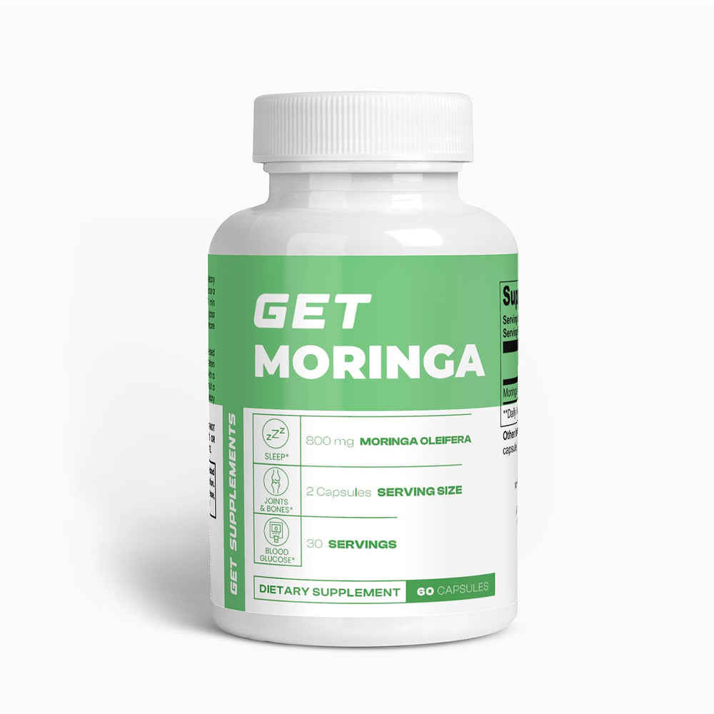 GET Supplements Moringa bottle front with vegan capsules for daily energy.