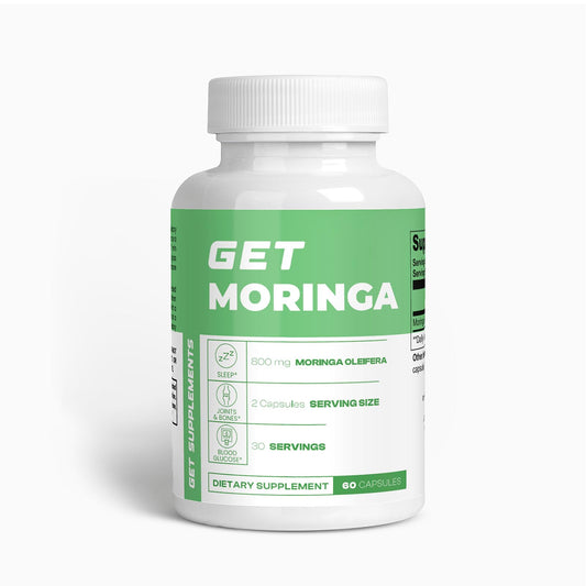 GET Supplements Moringa bottle front with vegan capsules for daily energy.