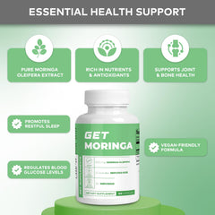 GET Supplements Moringa capsules closeup showing 500 mg per serving.