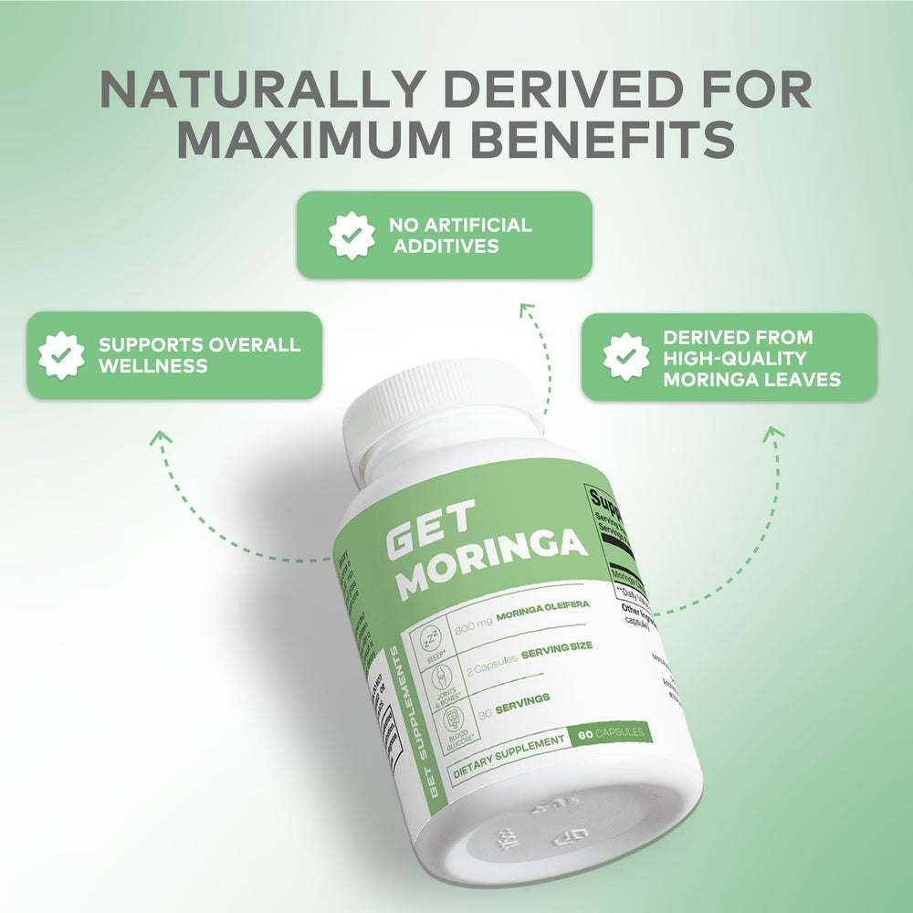 GET Supplements Moringa organic leaves highlight pure plant source.