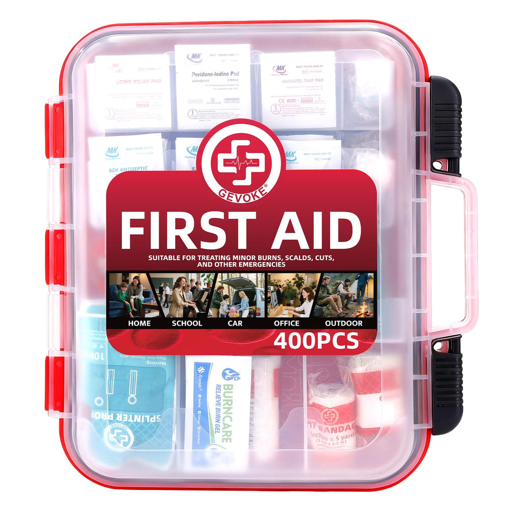 Gevoke 400-piece first aid kit front view showing durable case for home or car