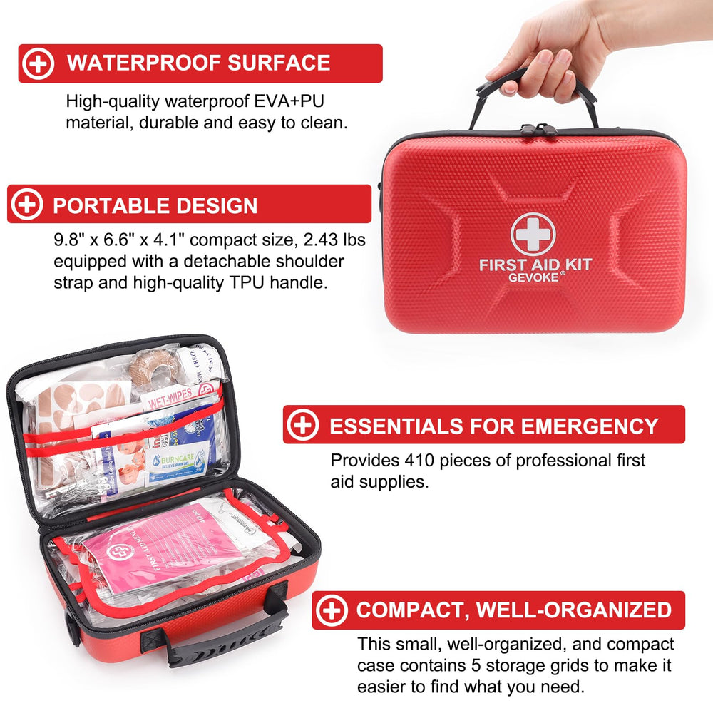 Gevoke first aid kit organized in five transparent compartments