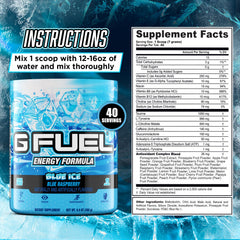 G Fuel Blue Ice powder packaging highlights sugar-free energy and antioxidants.