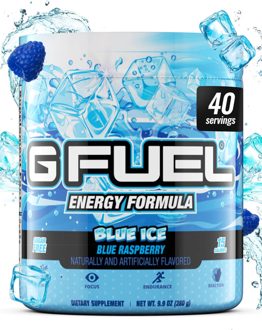G Fuel Blue Ice powder scoop in canister boosts gaming focus.