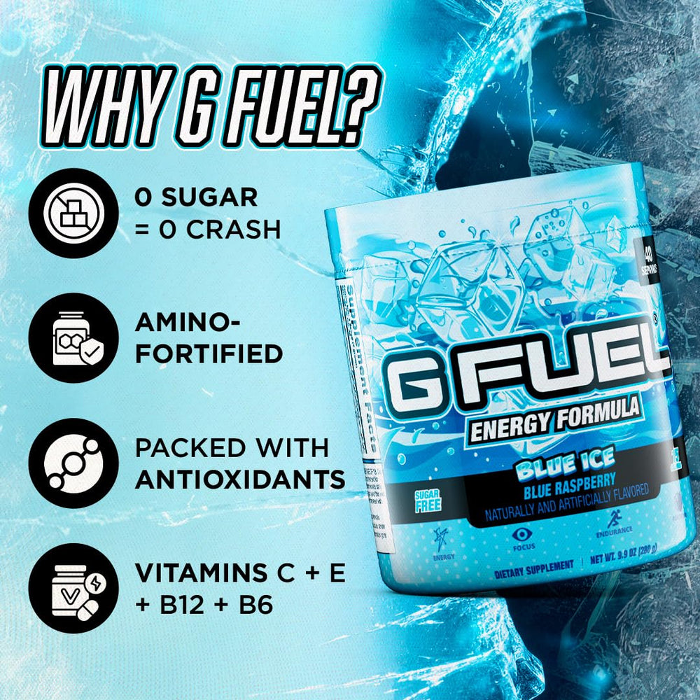G Fuel Blue Ice tub label emphasizes antioxidants and vitamins for daily use.