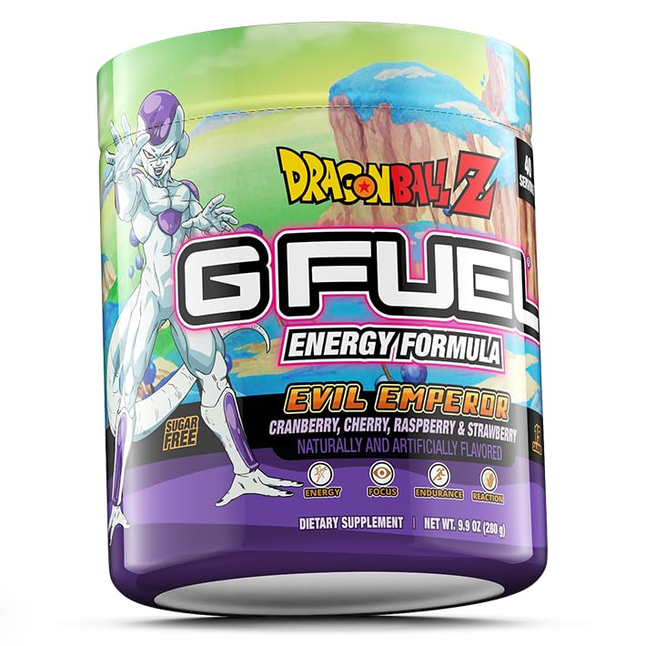 G Fuel Dragon Ball Z Berry Medley canister beside a gaming setup for long sessions