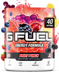 G Fuel Fruit Punch energy tub front highlights clean, sustained energy for gaming