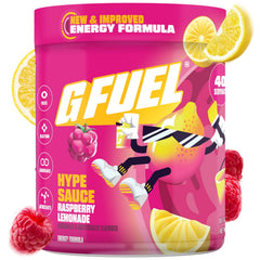 G Fuel Hype Sauce 2.0 Raspberry Lemonade powder in a tub, sugar-free energy for gaming.