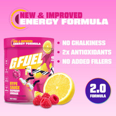 G Fuel Hype Sauce 2.0 tub front label, zero sugar energy for long gaming sessions.