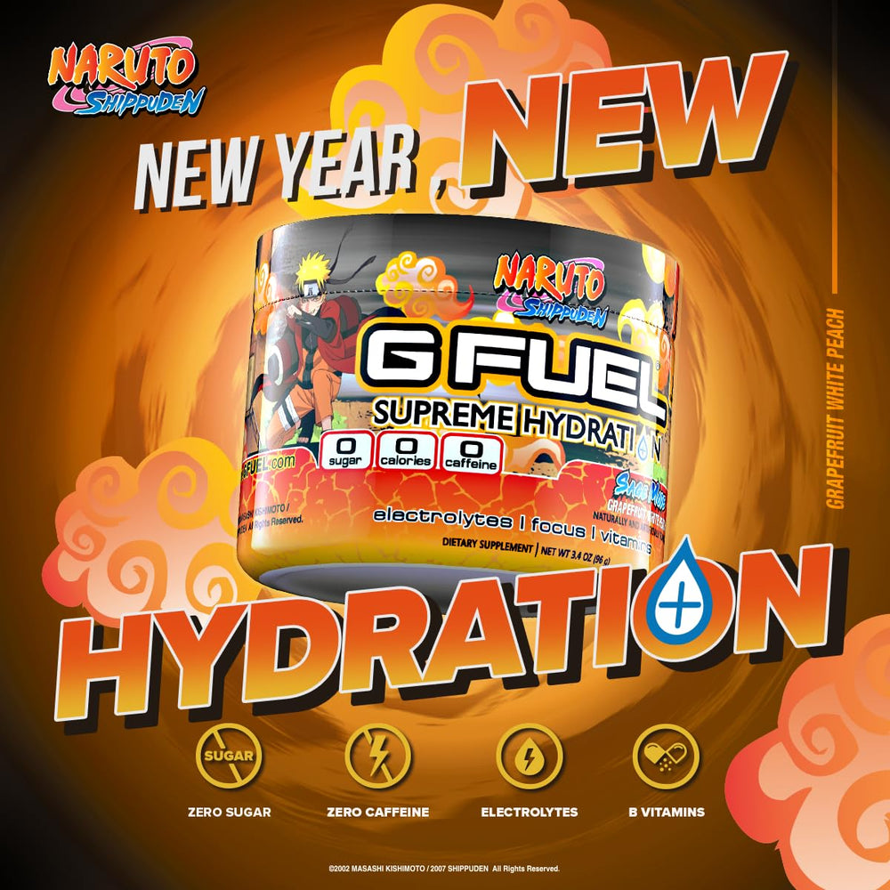 G Fuel Naruto Sage Supreme ready-to-drink glass highlighting grapefruit white peach flavor