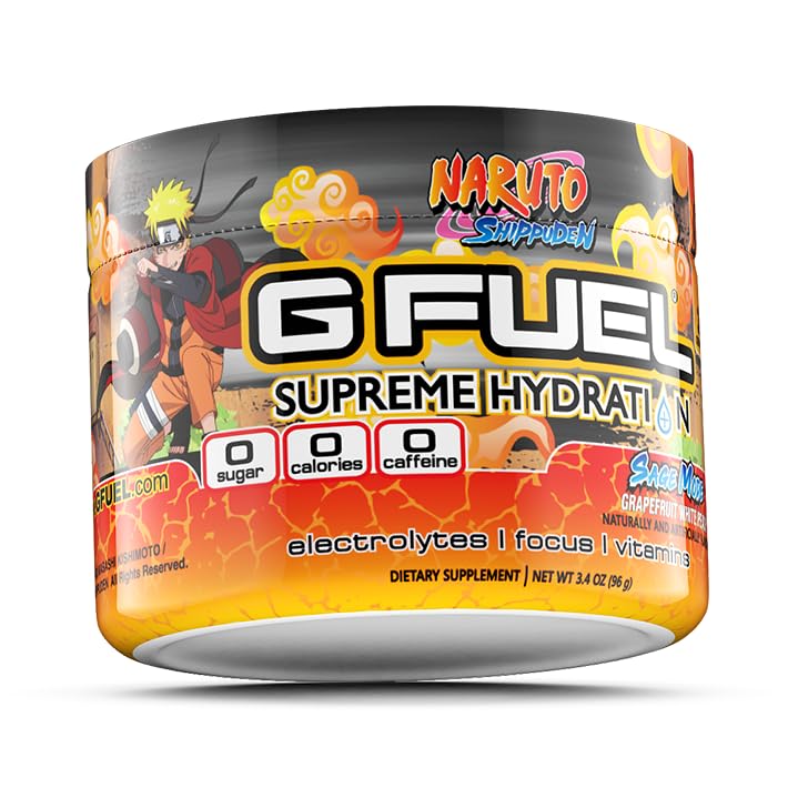 G Fuel Naruto Sage Supreme Hydration tub showing electrolyte blend for steady focus and hydration