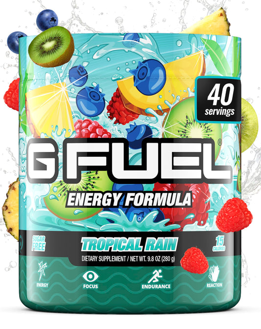 G Fuel Tropical Rain bottle pour shows refreshing, sugar-free energy for gaming sessions.