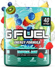 G Fuel Tropical Rain bottle pour shows refreshing, sugar-free energy for gaming sessions.