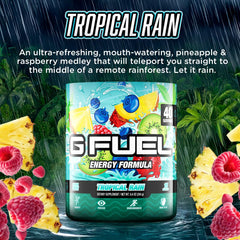 G Fuel Tropical Rain glass with mix illustrates tropical flavor and refreshing hydration moment.